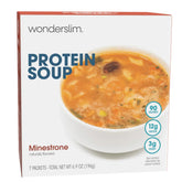WonderSlim front packaging showing seven single-serve minestrone packets and benefits