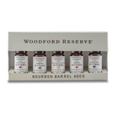 Woodford Reserve five-pack box front displaying all five dram vials and branding, great for gifting