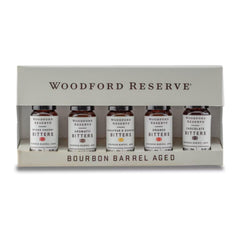 Woodford Reserve five-pack box front displaying all five dram vials and branding, great for gifting