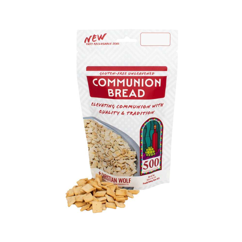 World Communion Cups front packaging showing 500 gluten-free communion squares and clear resealable bag, ensures long-lasting freshness