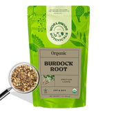 Worldwide Botanicals burdock root front packaging showing product label and weight benefits
