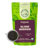 Worldwide Botanicals front packaging of 1 lb dried elderberries showing label and bulk benefit
