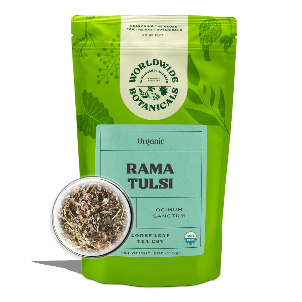 Worldwide Botanicals front pouch showing Rama Tulsi and organic label for trust