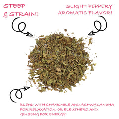 Worldwide Botanicals loose Krishna Tulsi leaves close-up showing texture and aroma