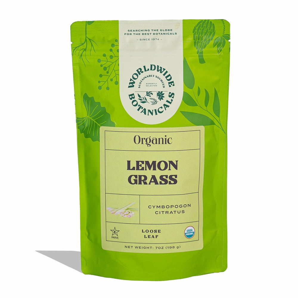 Worldwide Botanicals front pouch showing organic lemongrass leaves and clear labeling benefit convenience