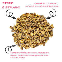 Close-up of cut licorice root pieces highlighting texture and consistent cut for easy brewing
