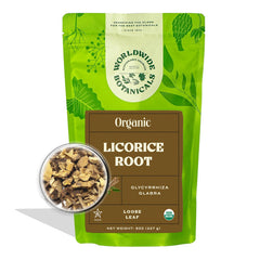 Worldwide Botanicals pouch front view showing organic licorice root and resealable packaging benefit