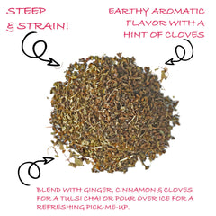 Worldwide Botanicals close-up of loose Rama Tulsi leaves showing rich texture and aroma