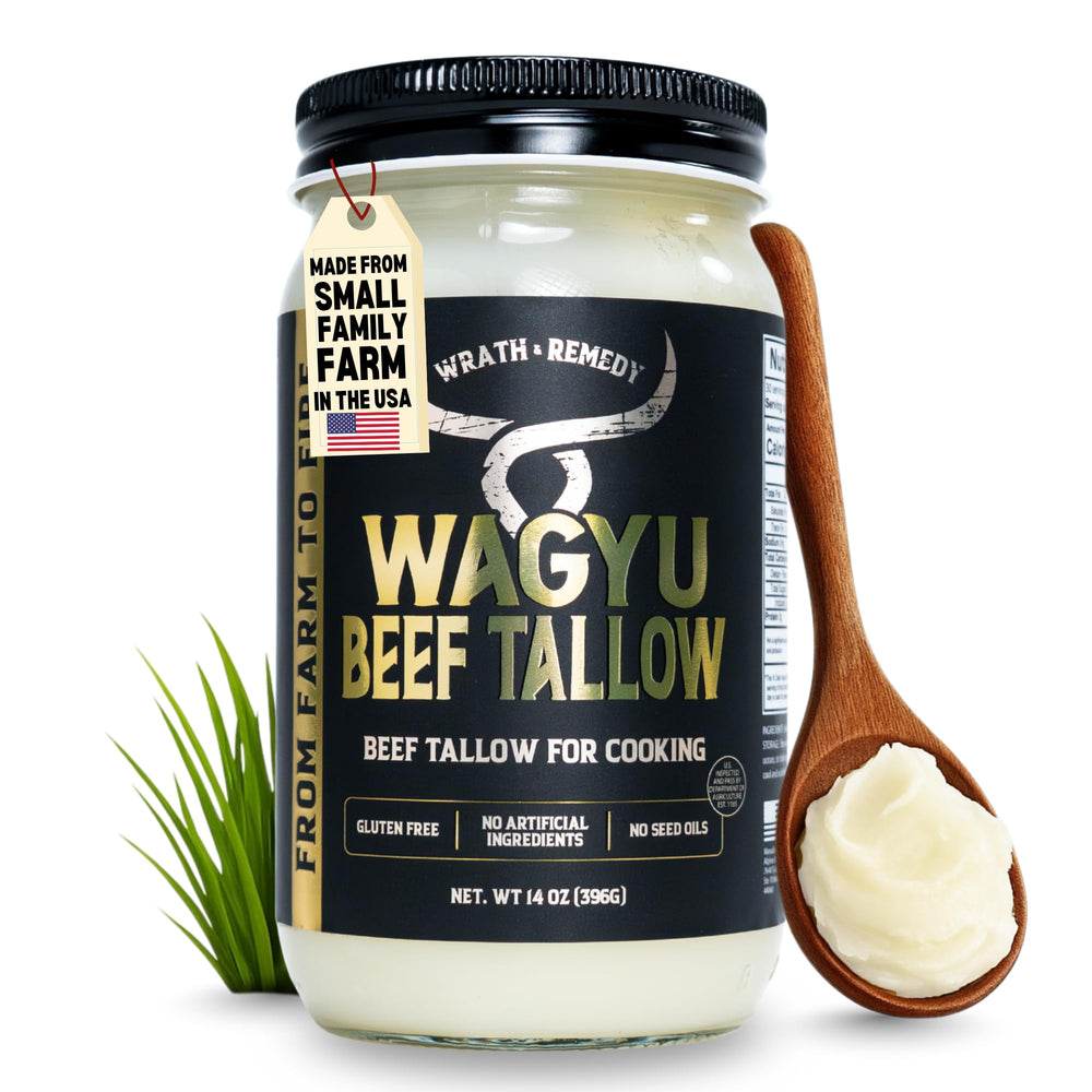 Wrath & Remedy front jar view showing premium Wagyu tallow for rich cooking