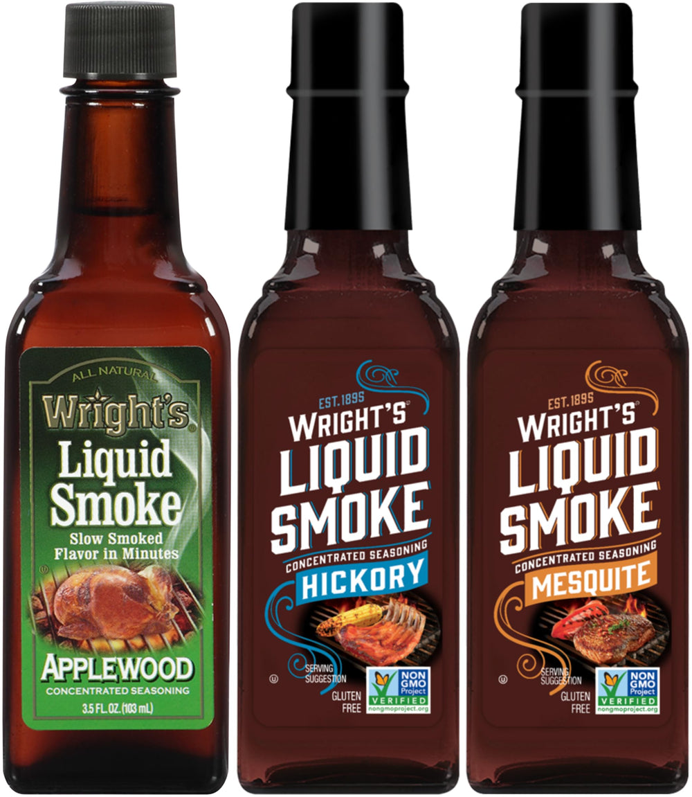 Wright's Liquid Smoke front packaging showing three 3.5 oz bottles for versatile smoky flavor