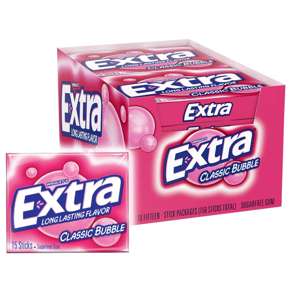 WRIGLEY'S EXTRA front pack showing classic bubblegum branding and value benefits