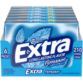 WRIGLEY'S EXTRA front packaging showing six peppermint mega packs and brand benefit