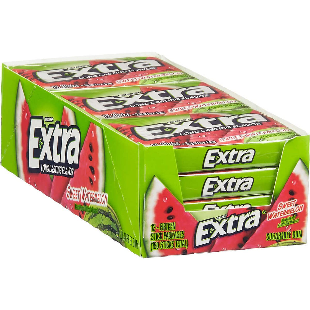 WRIGLEY'S EXTRA front pack showing watermelon design and 15-stick count for easy grab-and-go