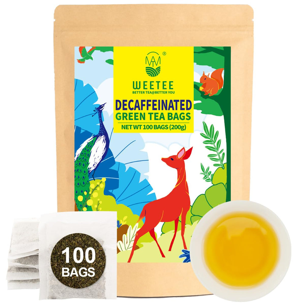 WT WEETEE front packaging showing 100-count decaf green tea, clear shelf-ready labeling