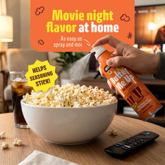 Wumple sprayed over popcorn bowl giving even buttery coverage