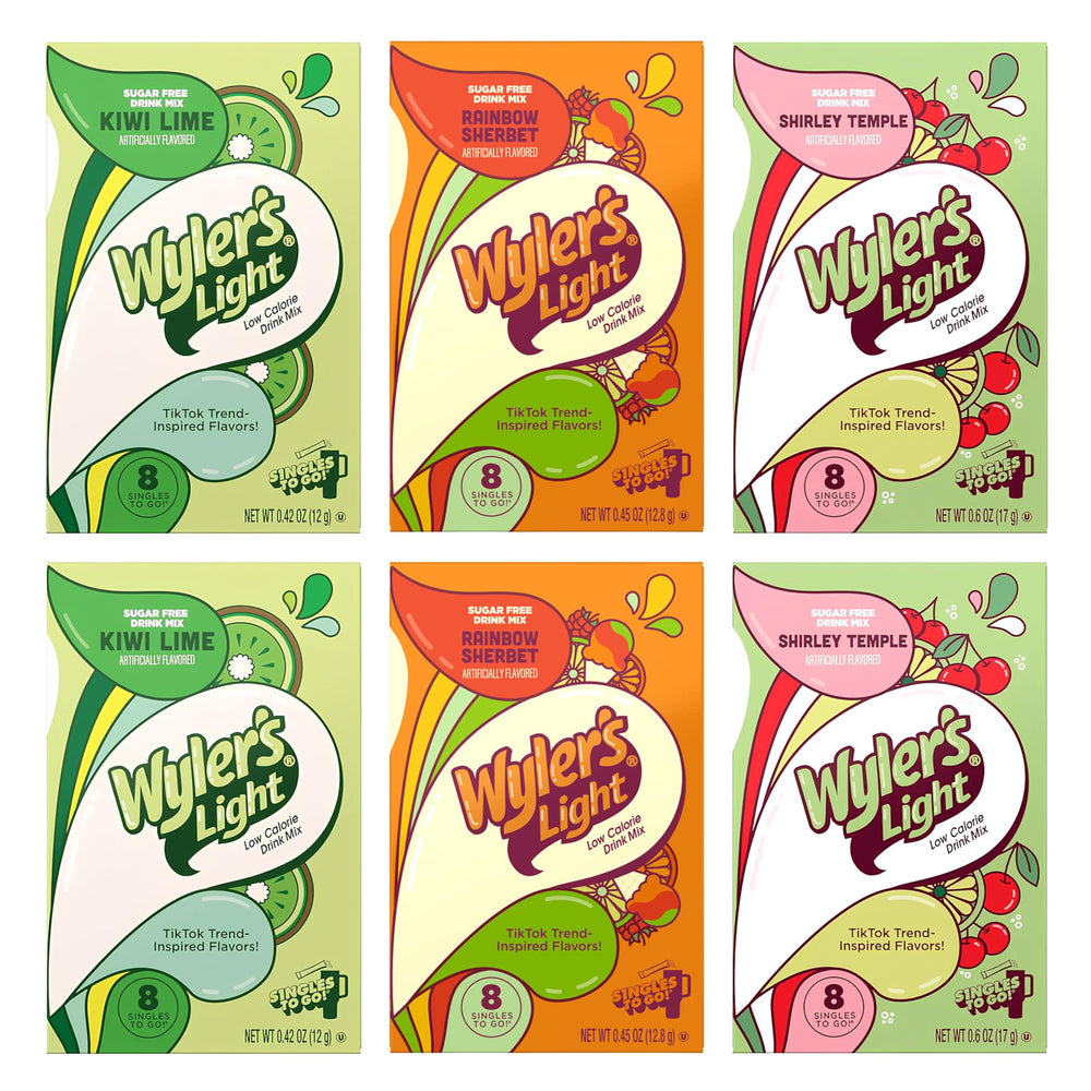 Wyler's Light front packaging showing six tropical boxes and convenience
