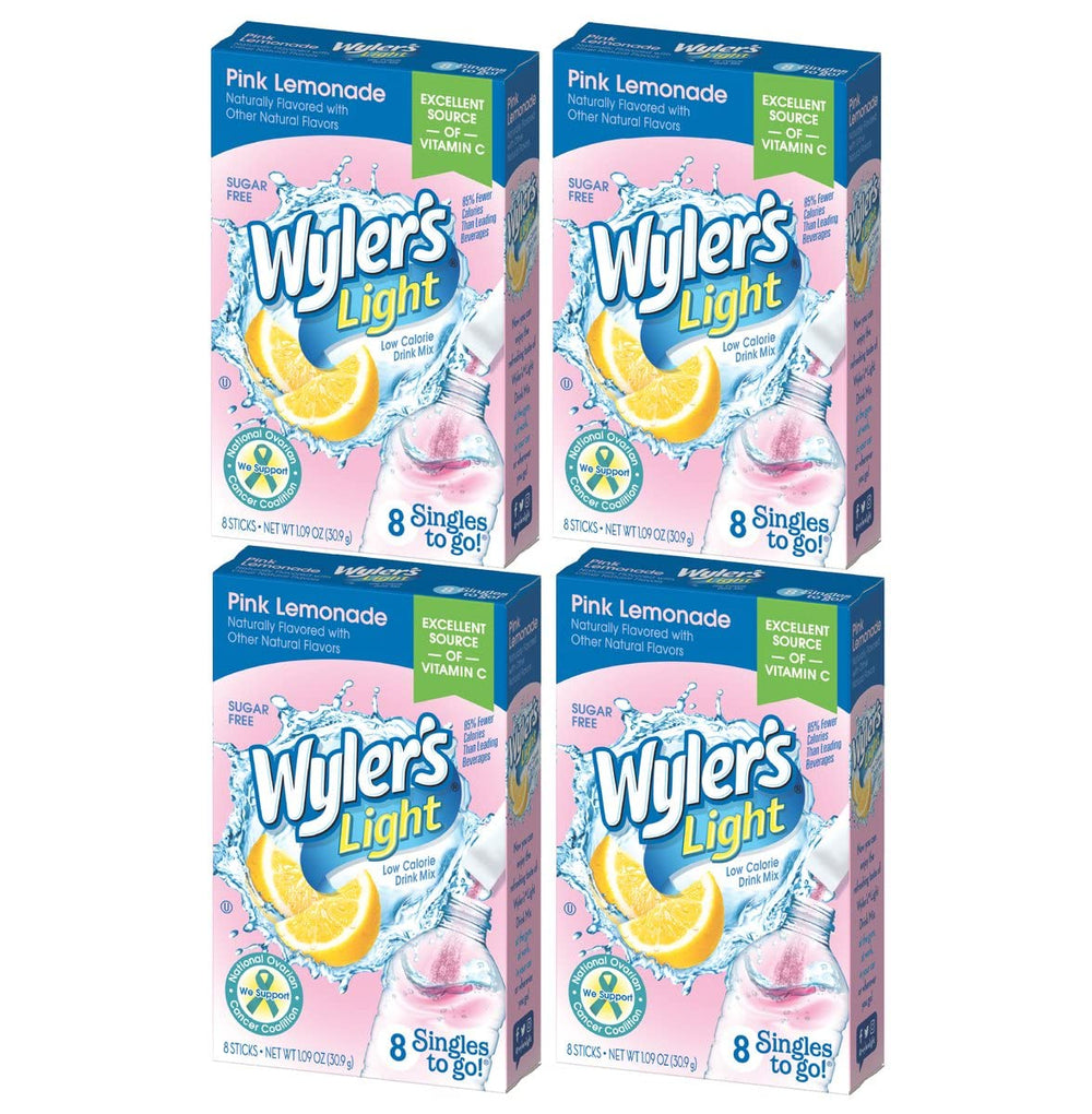 Wyler's Light box front showing pink lemonade flavor and 32 servings benefit