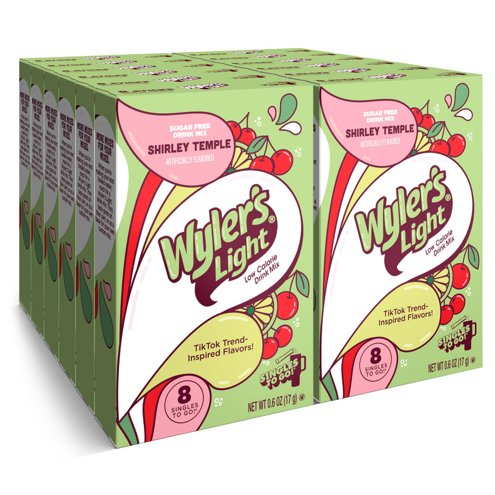 Wyler's Light front packaging showing Shirley Temple flavor and 96 packets, easy hydration