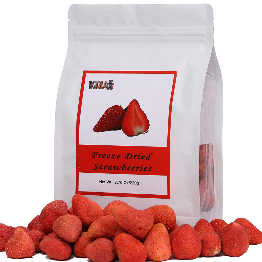 WZQLAOYS front packaging showing crisp freeze dried strawberries and grab-and-go convenience