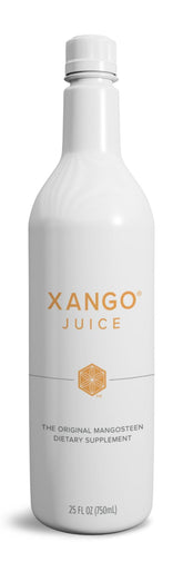 XANGO bottle front packaging showing label and 750 ml measurement, clear brand visibility and trust