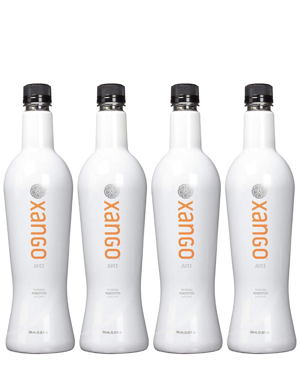 XANGO front packaging showing four-bottle case and clear labeling for convenience