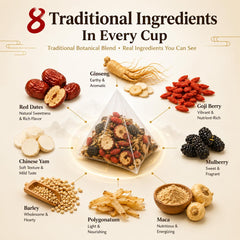 XICOFISS loose herbal ingredients spread, highlights natural botanicals and purity benefit