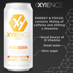 XYIENCE close-up label showing flavor name and vitamin-fortified claim for informed choice