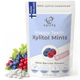 Xylify Happy Teeth front packaging showing resealable tub and berry design for freshness
