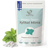 Xylify Happy Teeth front tin showing peppermint mints and benefit of daily oral care