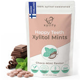 Xylify Happy Teeth tin front showing resealable packaging and choco-mint benefit