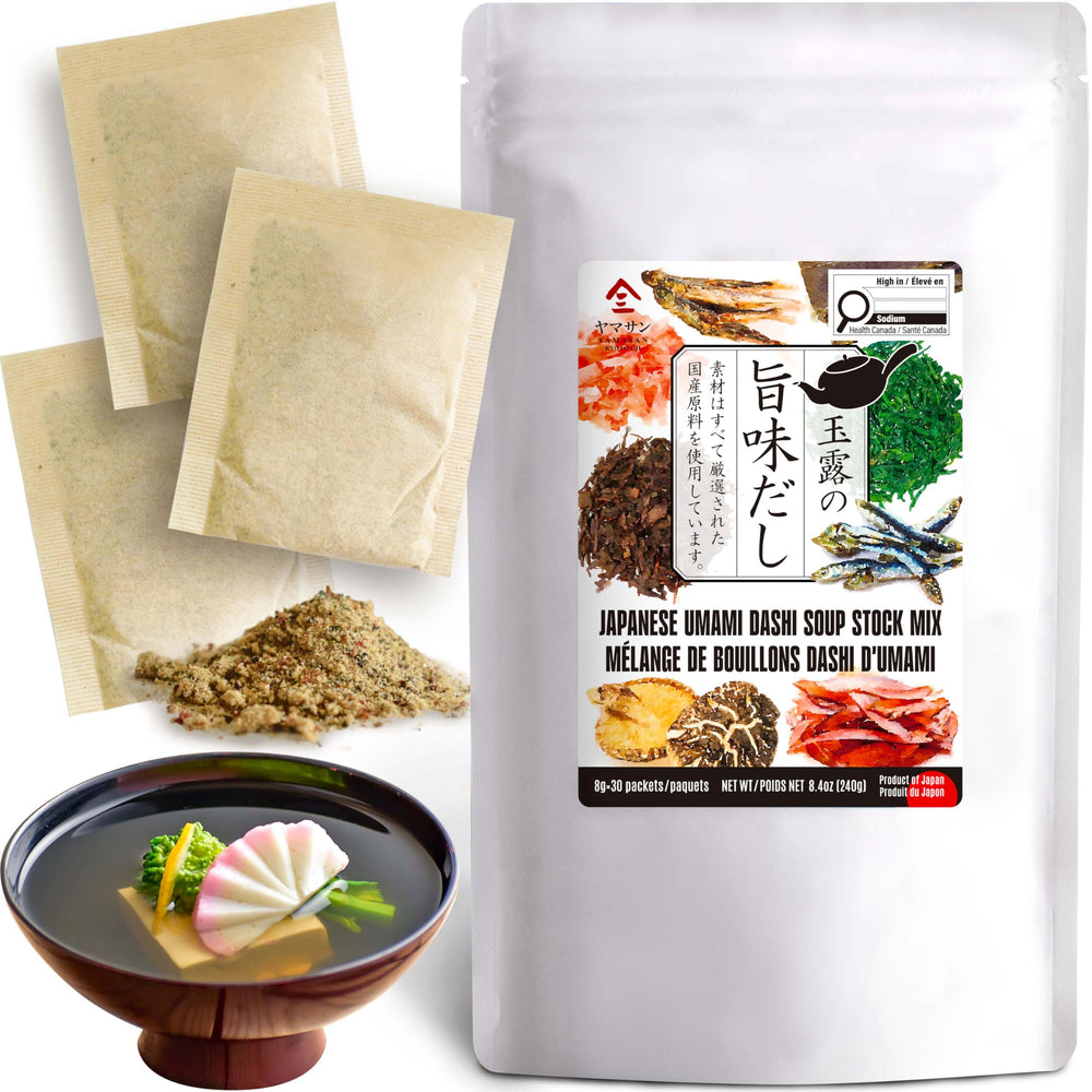 YAMASAN KYOTO UJI front packaging showing 30 dashi sachets and branding benefit convenience