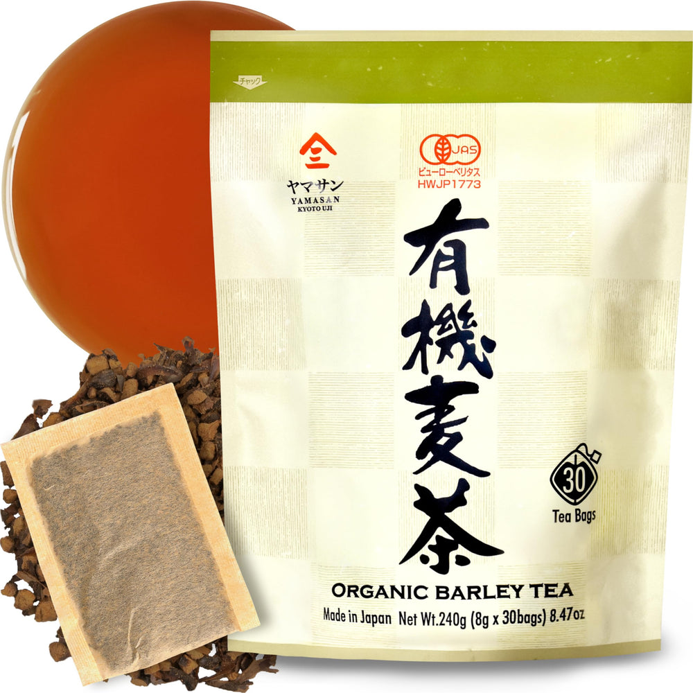 YAMASAN KYOTO UJI front packaging showing organic barley tea and 30 large bags benefit convenience
