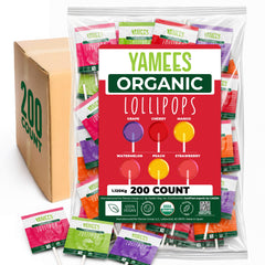 YAMEES front of box showing 200-count organic lollipops and clear labeling benefit convenience