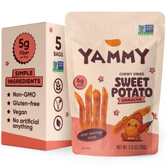 Yammy front packaging of sriracha 5-pack showing grab-and-go pouches and branding