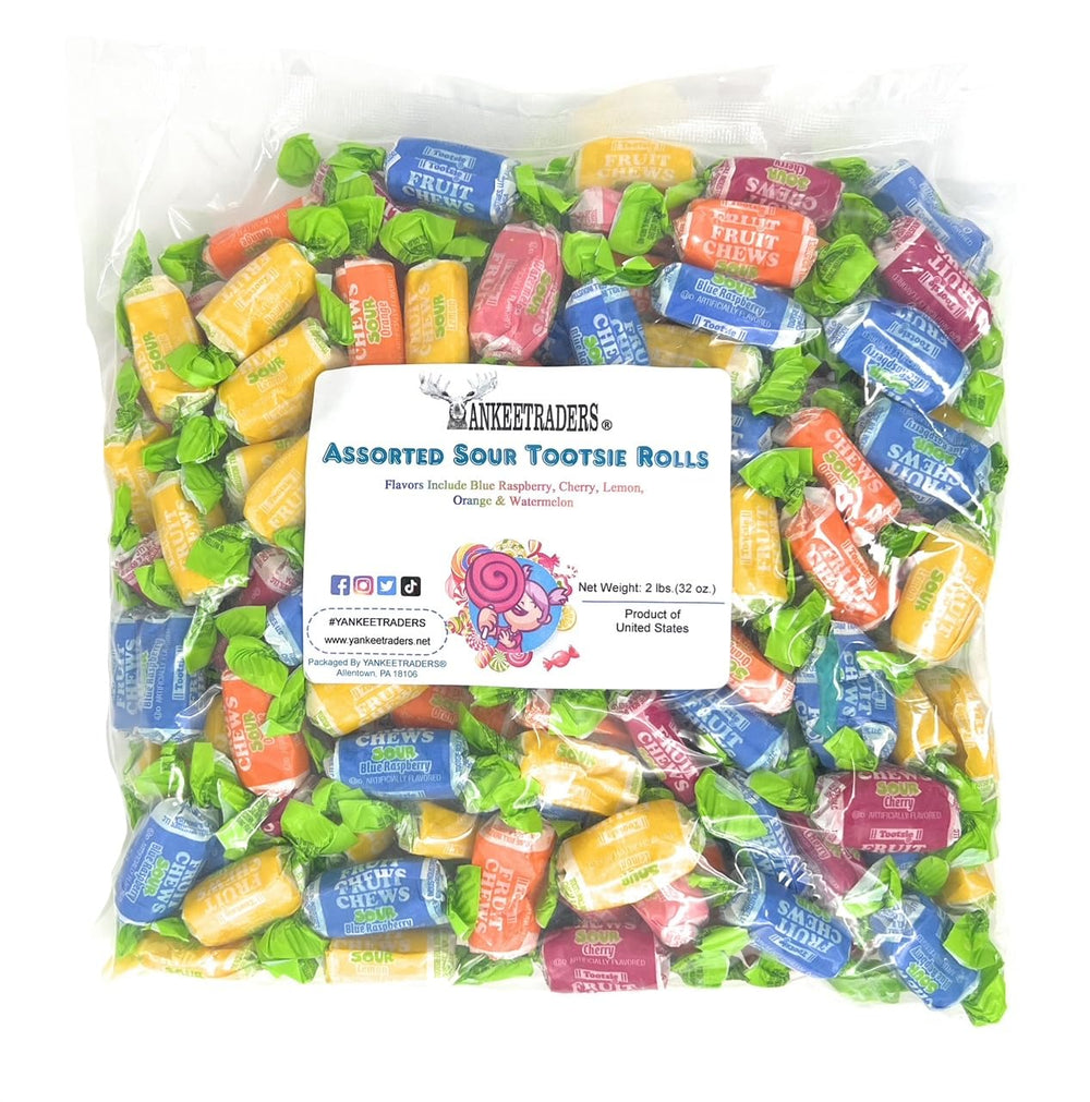 YANKEETRADERS front of 2-pound sour Tootsie Rolls bag showing assortment and bulk value