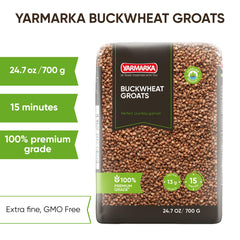 Yarmarka close-up of roasted buckwheat groats highlighting grain texture and color