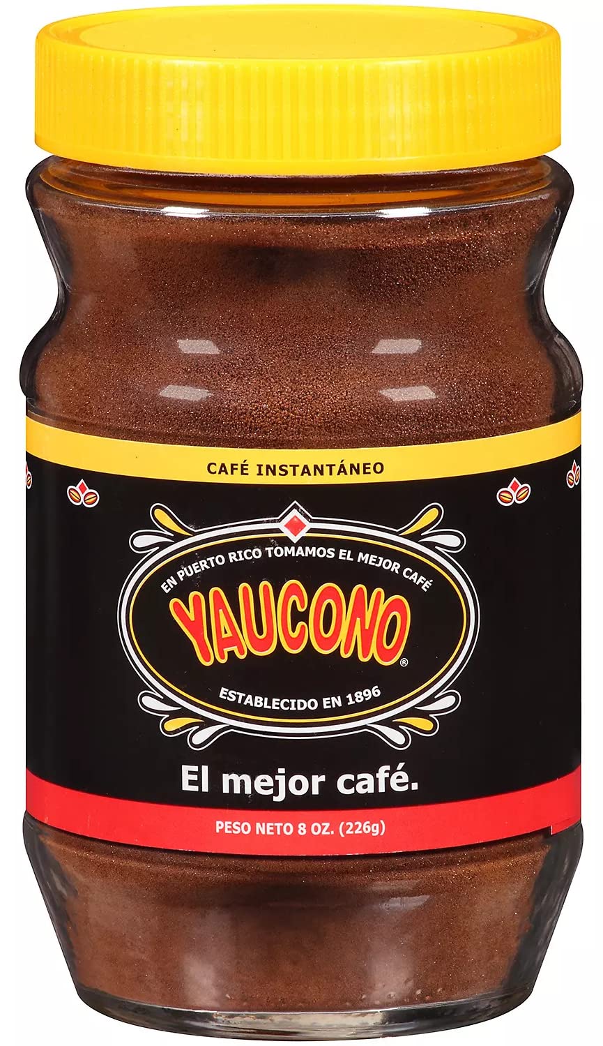 Yaucono front glass jar showing label and 8 ounce size, highlights authentic Puerto Rican flavor