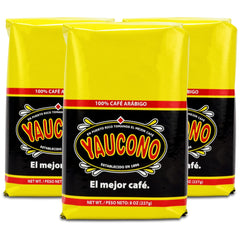 Yaucono front packaging showing three 8 oz bags and recognizable branding for pantry convenience