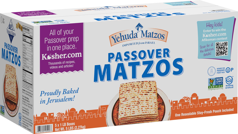 Yehuda front packaging showing five 1 pound resealable pouches and kosher label benefit
