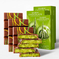 Yelgna & Moust front packaging of Dubai Chocolate Bar showcasing premium pistachio appeal