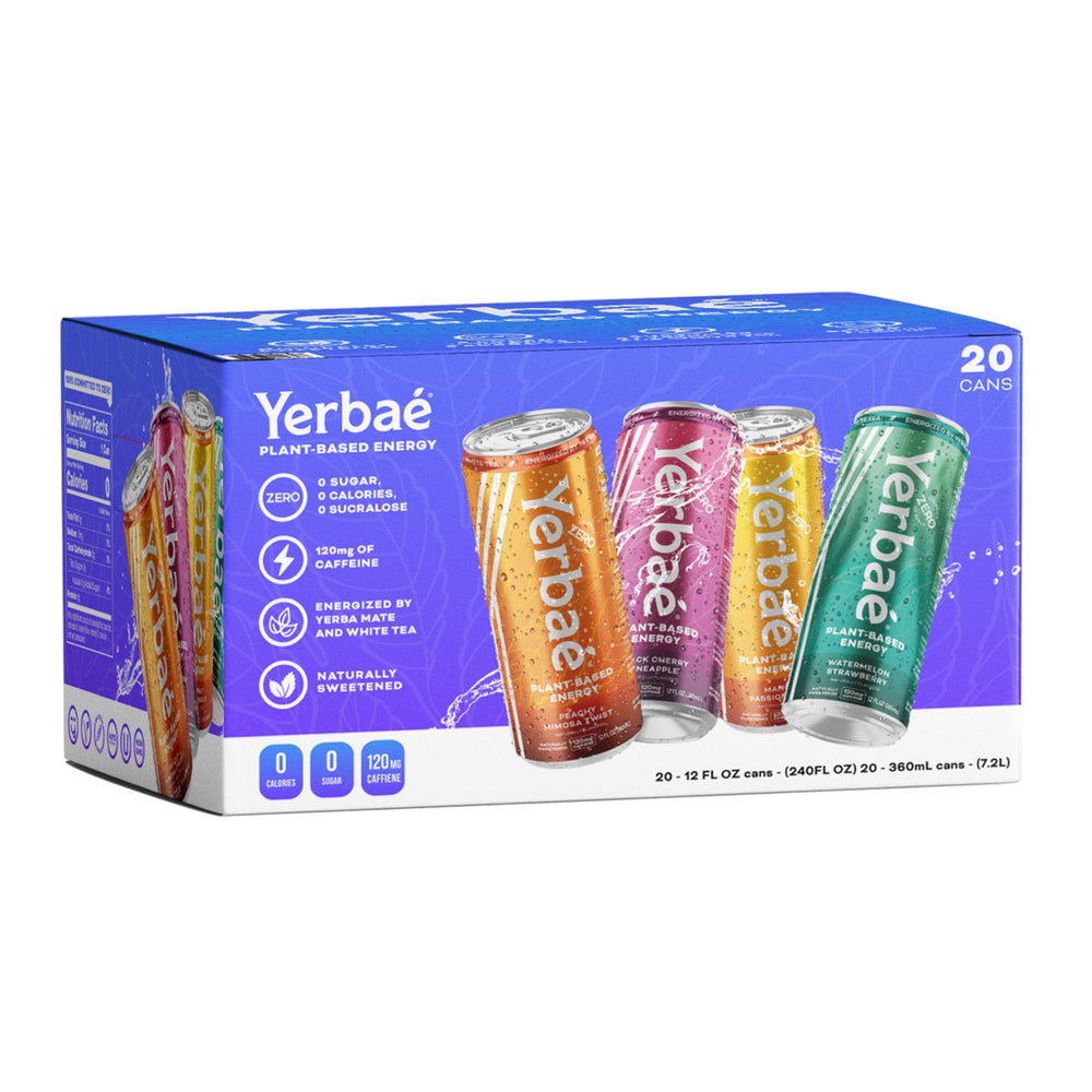 YERBAÉ front can and 20-pack showing branding and sugar-free benefit