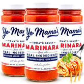 Yo Mama’s Foods front packaging showing three jars and product name for pantry appeal