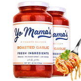 Yo Mama’s Foods front packaging showing roasted garlic flavor and no added sugar benefit