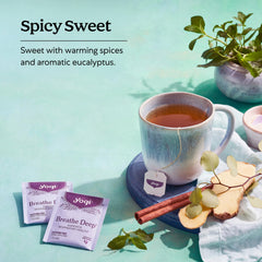 Steeping Yogi Breathe Deep tea in a cup capturing steam and aromatic release benefit