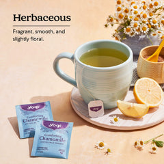 Yogi brewed cup of chamomile highlighting inviting color and calming aroma