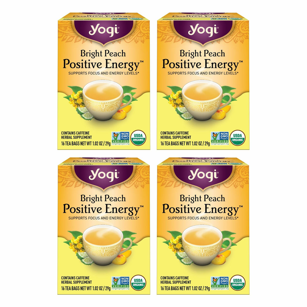 Yogi front packaging showing Bright Peach tea and vibrant labeling benefits