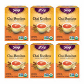 Yogi front packaging shows organic chai rooibos in a retail box, signaling quality