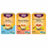 Yogi front packaging showing three organic detox tea cartons and benefits