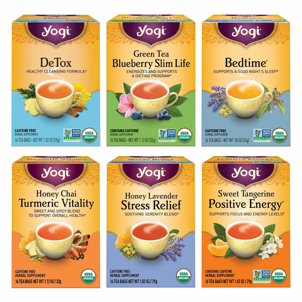 Yogi front packaging showing variety pack and organic badge, inspires trust