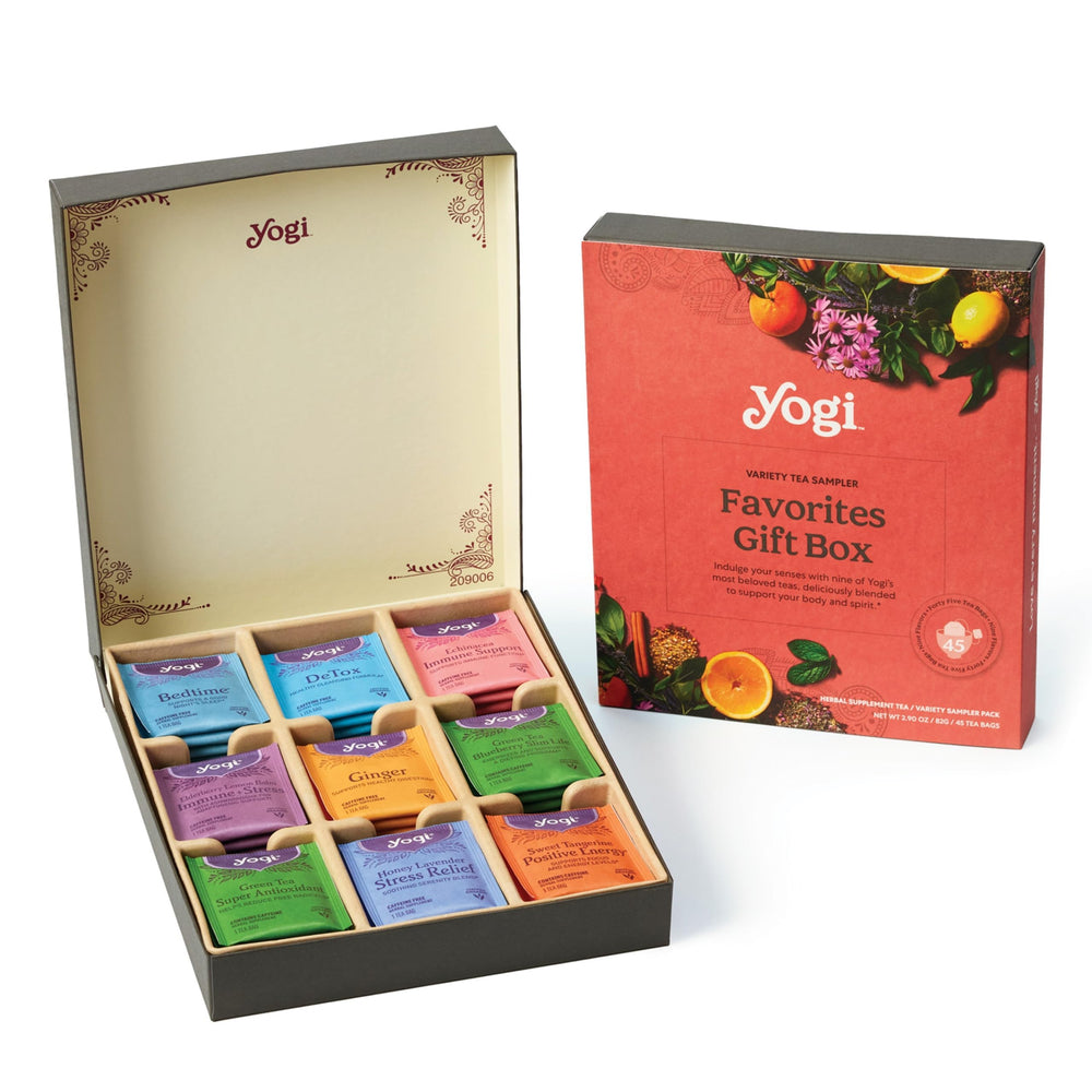 Yogi front packaging showing boxed sampler and visible branding for gifting